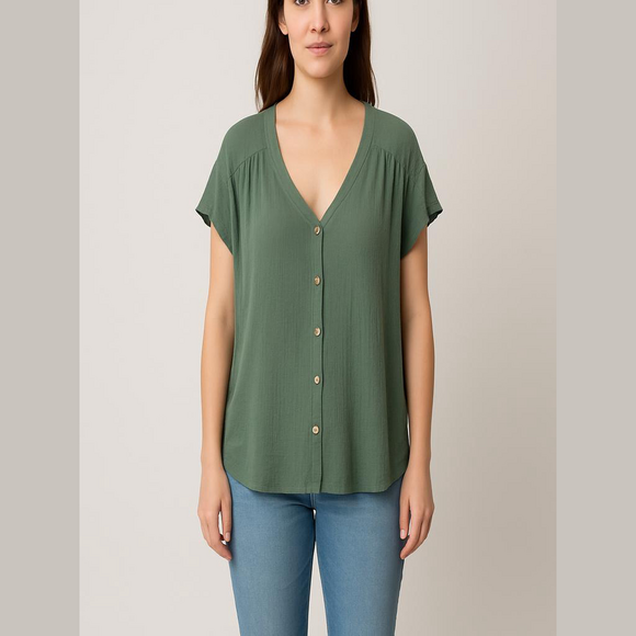 Orvis Short Sleeveless‎ Blouse Women's XL Rayon Crepe V-Neck Button Front Green - Picture 1 of 12